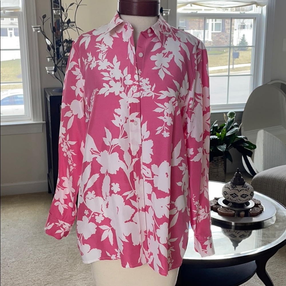 SAKS 100% shantung silk pink floral SHIRT NWOT - Picture 2 of 9